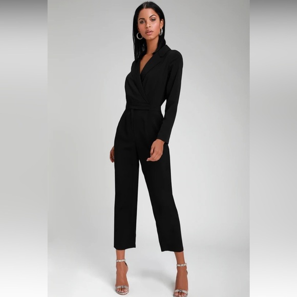Lulus Pants - Lulus Power Pose Black Long Sleeve Collared Jumpsuit
